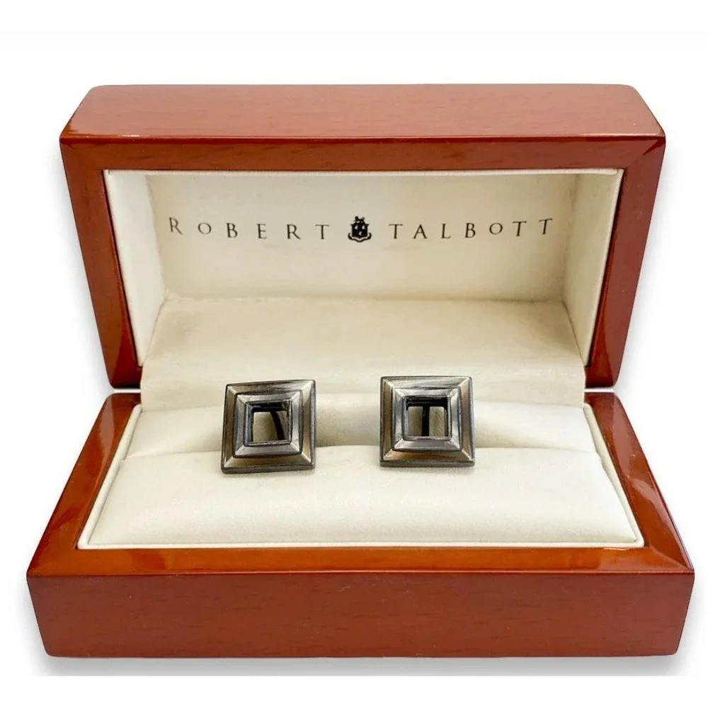 Robert Talbott Mens Square Geometric‎ Hollow Center Cufflinks Silver Gunmetal OS